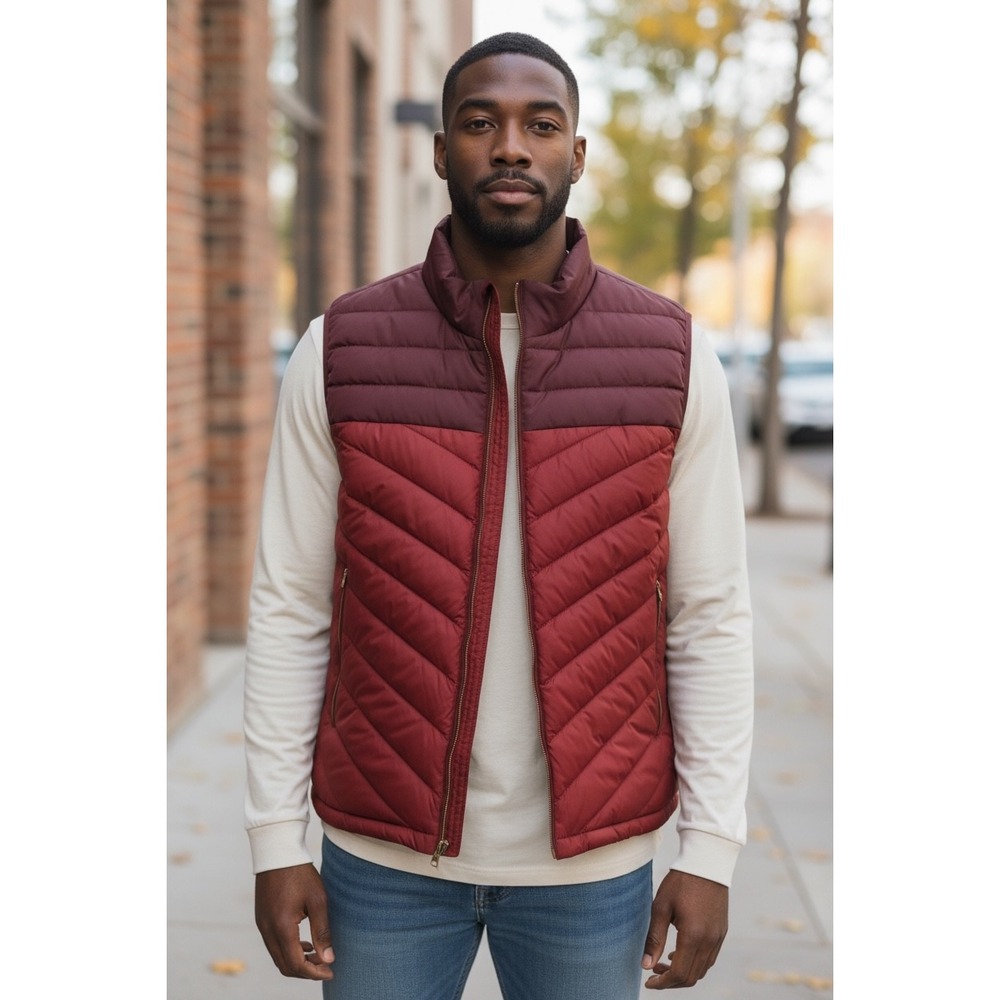 Red Camel Mens Puffer Vest Burgundy Red Chevron Quilted Full Zip Pockets XL